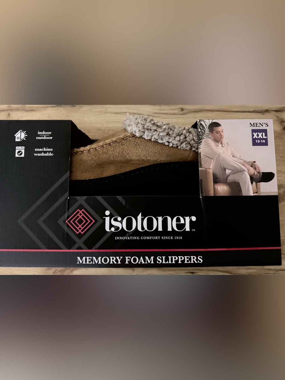 isotoner Men's Brown Slip-On Memory Foam Slippers with Cream Sherpa Collar